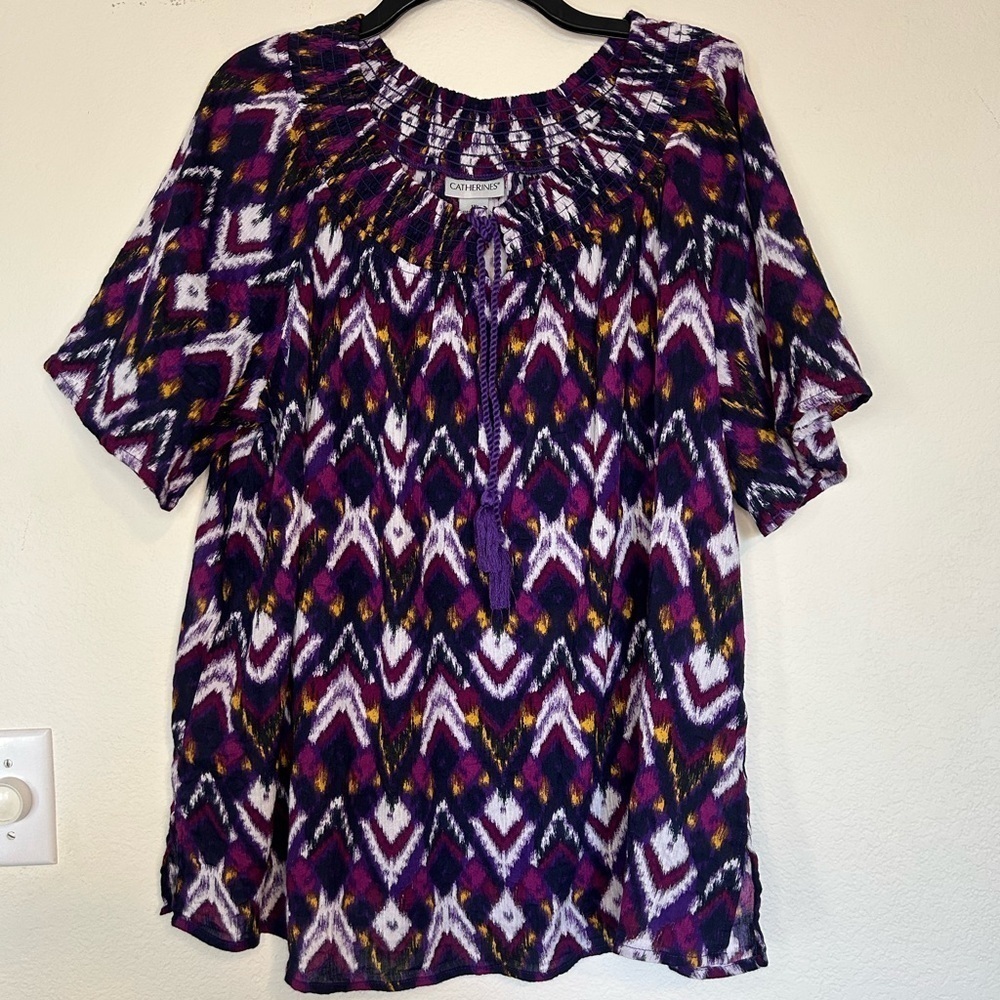 Catherines Top Size 1X Purple Floral
Peasant Boho Smocked Tassel